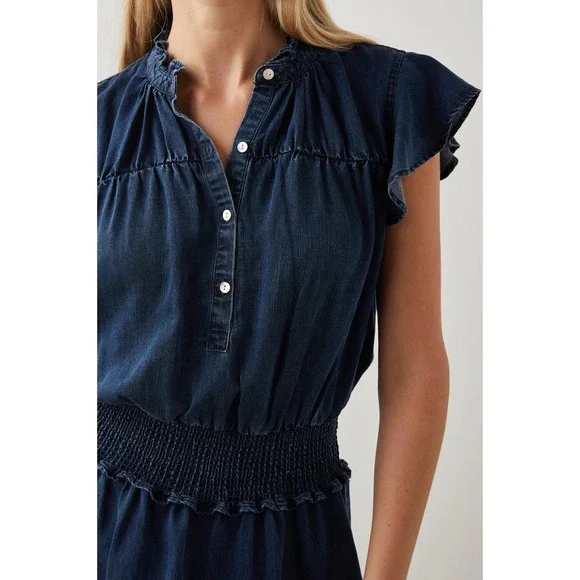 Rails Amina Denim Mini Dress Tencel Dark Wash Smocked Waist L NWOT. Retail $210 - Picture 5 of 11